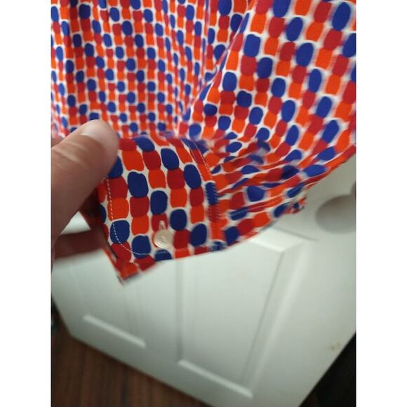 Talbots Woman M Blouse Red Blue Plpolka Dot Long Button Sleeve Semi Sheer - Picture 7 of 10